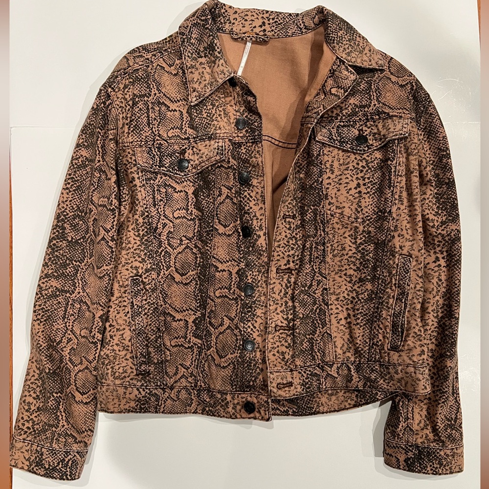 Free People Brown Snake Print Jean Jacket